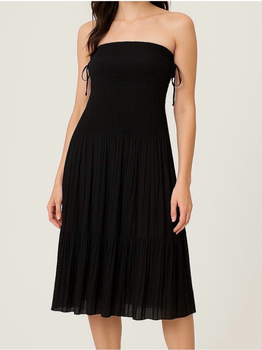 Rachel Zoe Black Strapless Smocked Midi Dress